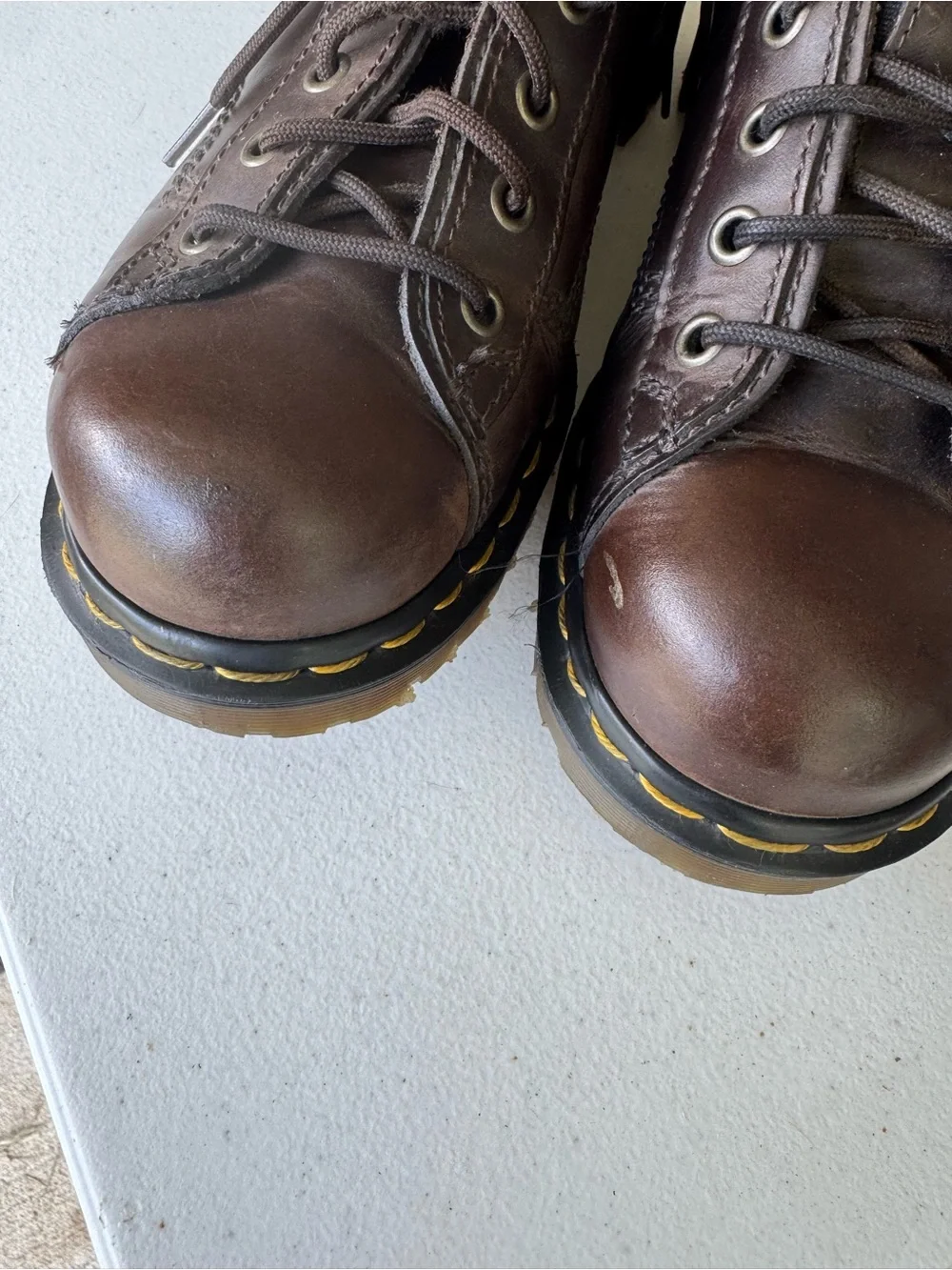 Dr. Martens Brown Leather Lace-Up Work Boots with Yellow Welt Stitching